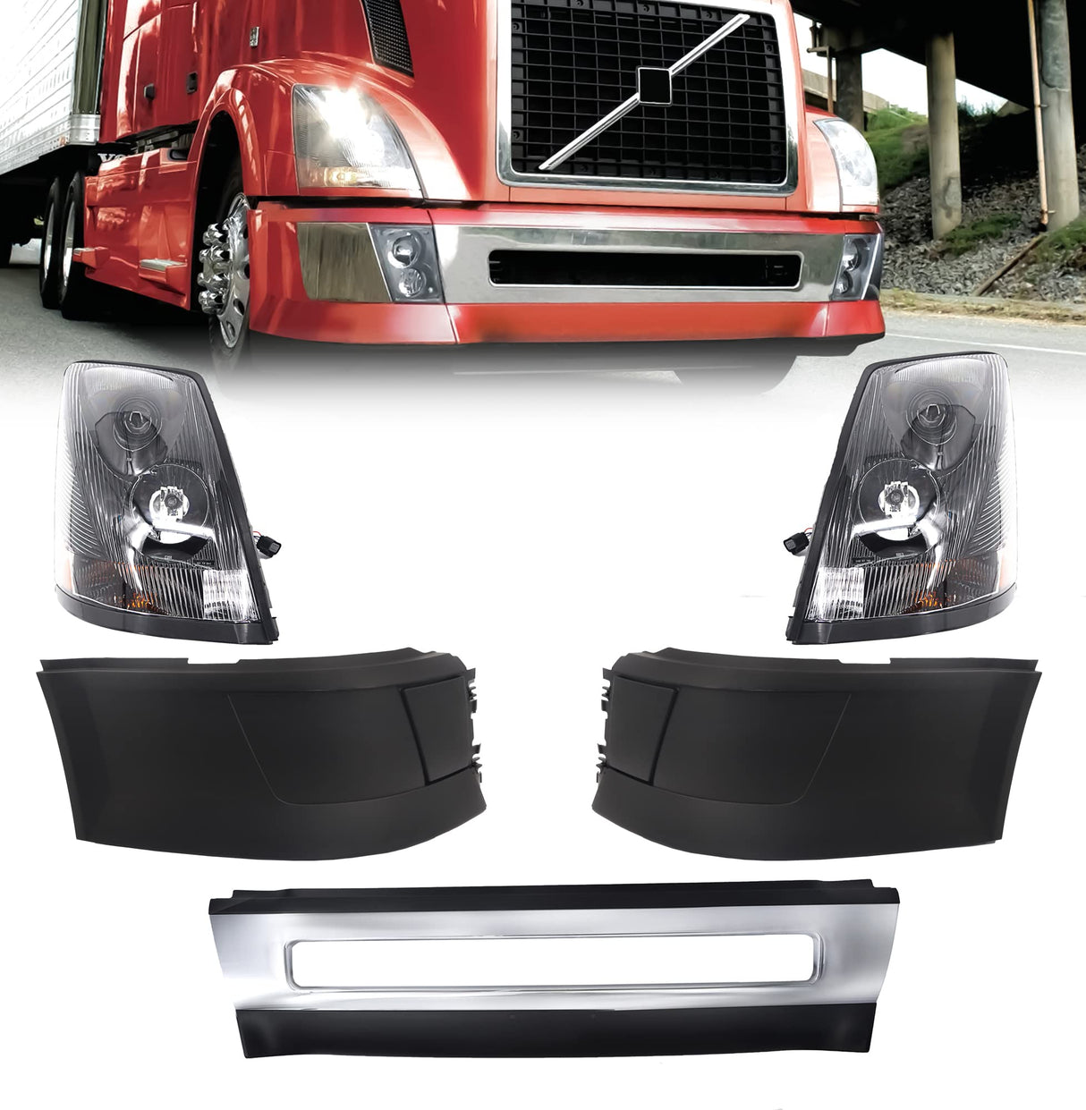 Full Bumper Set with Headlights for 2004-2017 Volvo VNL Semi Trucks